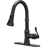 BWE Oil Rubbed Bronze Kitchen Faucet with Pull Down Sprayer, 3 Spray Modes, Single Handle High Arc Kitchen Sink Faucets with Deck Plate Commercial Bar Farmhouse Pull Out Sprayer