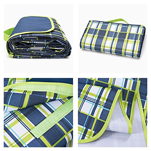 Extra Large Picnic Blanket with Tote,Foldable and Waterproof Sandproof Handy Mat for Outdoor Hiking Beach Travel Camping on Grass Plaid Green