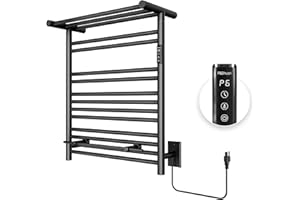 P&Bhusri Heated Towel Rack for Bathroom, Towel Warmer with Top Shelf, H 27.56 x W 23.62, Wall Mounted Towel Warmer Rack, Hard-Wired/Plug-in, Matte Black