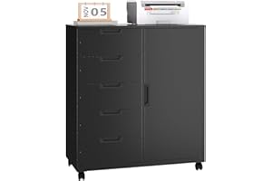 LISSIMO 5 Drawer Metal Storage Cabinet with Door, Office Storage Cabinet with Shelves, Mobile Printer Stand File Cabinet, Craft Storage Drawers for Home Office (Black)