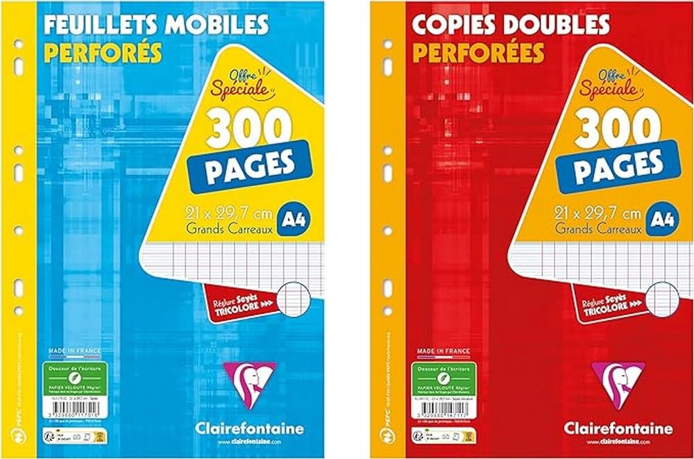 Clairefontaine 11751AMZC 2 Packs of Perforated Sheets: 300 Pages OFFICE SHEETS + 300 Pages DOUBLE COPIES - A4 21x29,7 cm - Seyes Ruled - White Paper 90 g