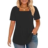 VISLILY Plus-Size-Womens-Summer-Tops Trendy Square Neck T Shirts Cute Flowy Pleated Tunics Casual Short Sleeve Blouses XL-5XL