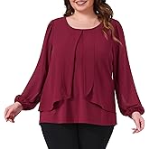 Agnes Orinda Plus Size Chiffon Tops for Women Crew Neck Layered Panel Flowy Long Sleeve Blouse Dressy Work Shirts
