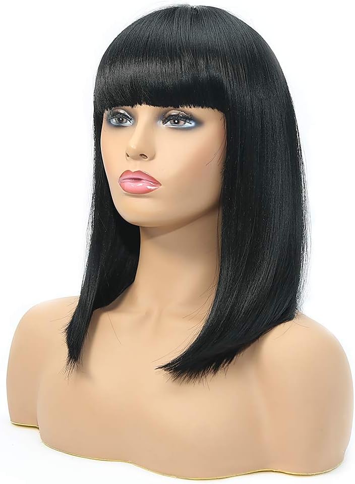 BLSWANER Bob Wigs Short Straight Yaki Synthetic Full Hair Black Wig for Women Heat Resistant