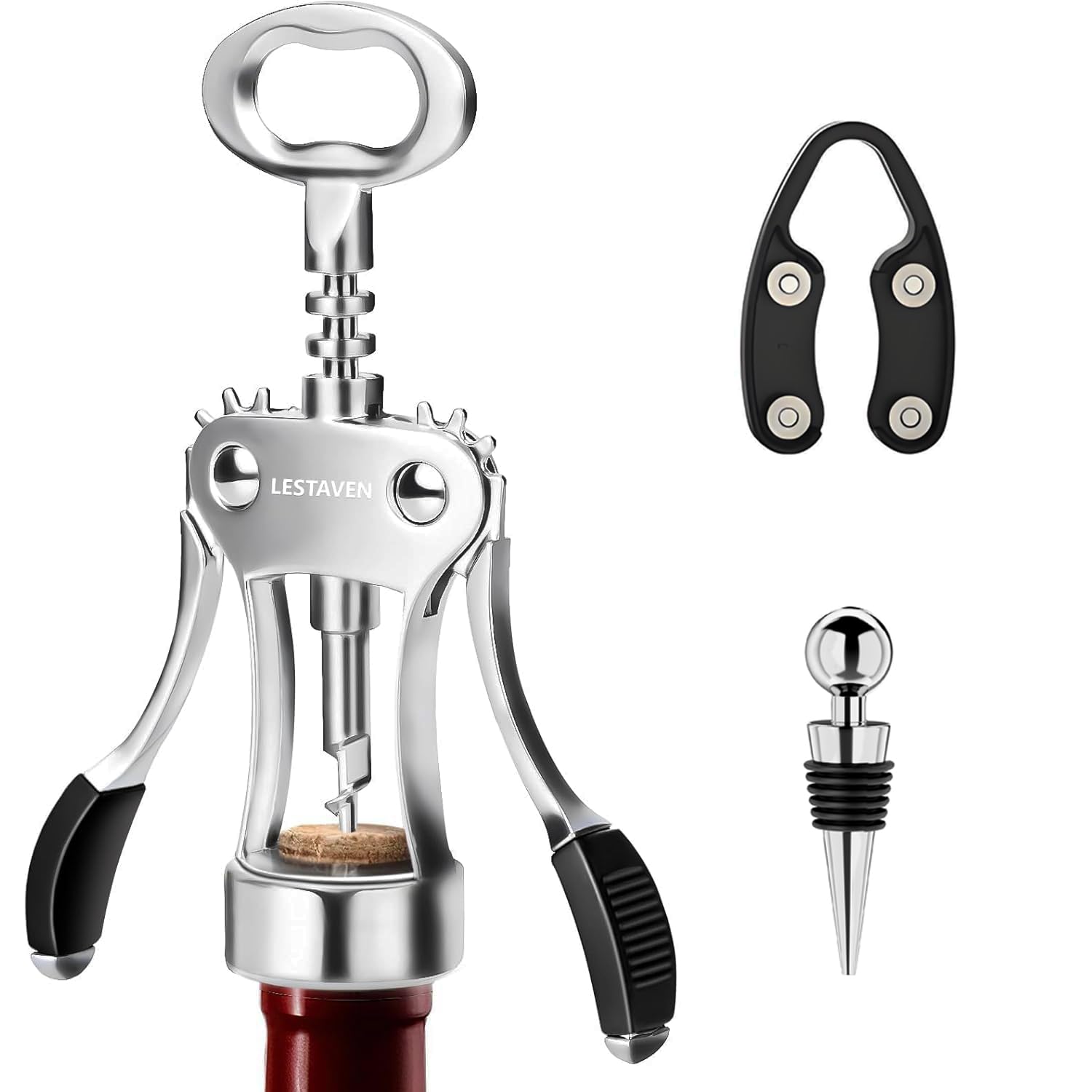 Stainless Steel Wing Corkscrew Wine Opener, Waiters Corkscrew Cork and Beer Cap Bottles Opener Remover, Used in Kitchen Restaurant Chateau and Bars