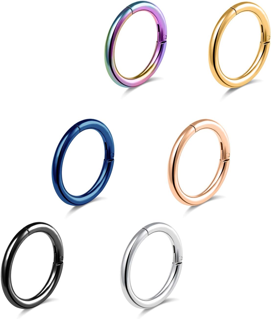 Tornito 6-8Pcs 18G-16G-14G Stainles Steel Clicker Ring Seamless Lip Nose Daith Cartilage Helix Tragus Hoop Ring