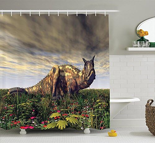 Ctco Jurassic Decor Collection, Dinosaur Carnotaurus Dark Clouds Sky Primeval Times Wilderness Plants Flowers Image, Polyester Fabric Bathroom Shower Curtain, Gray Green
