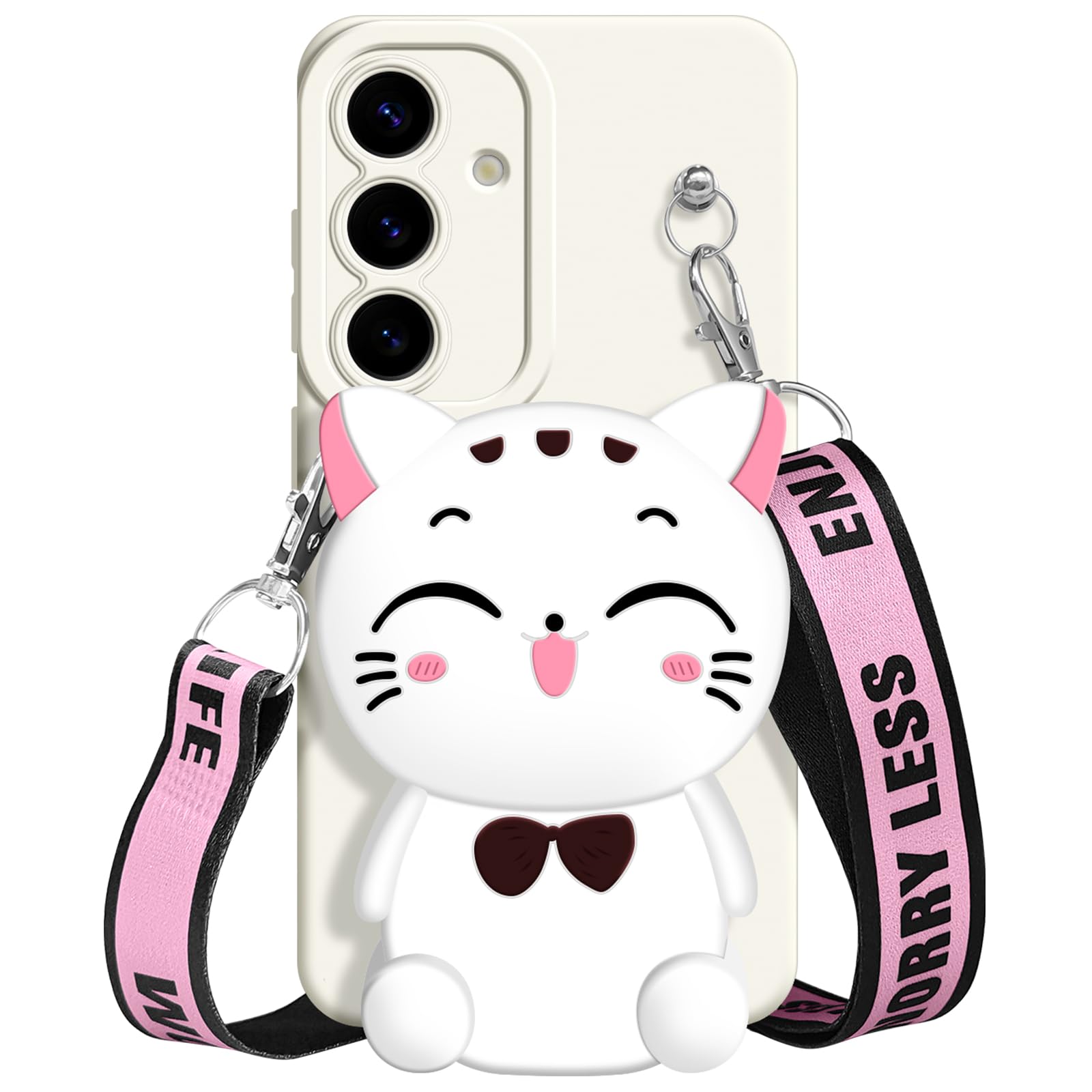 SGVAHY for Samsung Galaxy A55 Case, Cute Pink Lucky Cat Coin Purse Fancy Phone Case for Women Girls with Crossbody Strap Kawaii Soft Silicone Cover for Galaxy A55