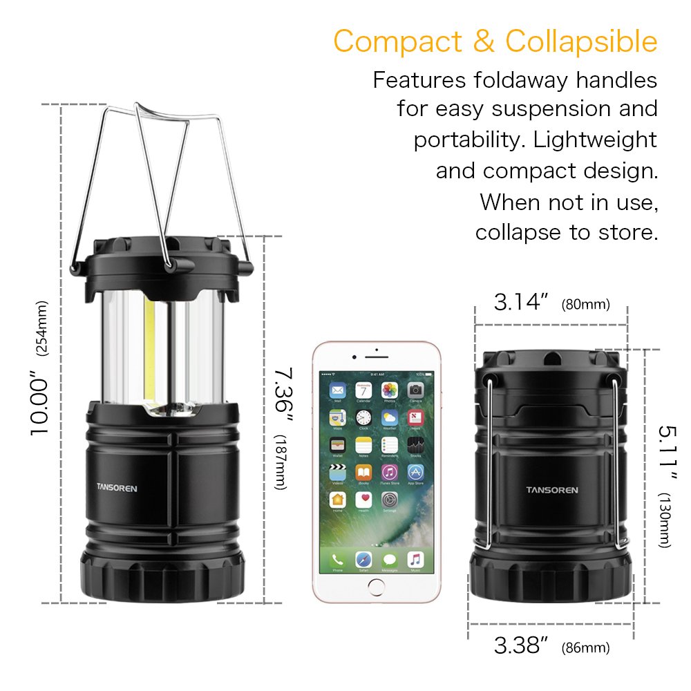 TANSOREN 2 PACK LED Camping Lantern, COB Ultra Bright Collapsible with 6 AA Batteries, Magnetic Base, Hanging Hook for Emergency, Hurricane, Hiking, Outage