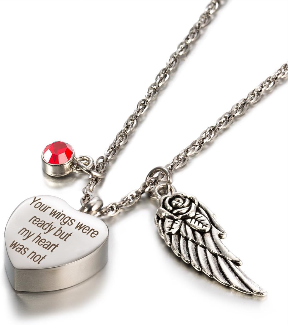 Glimkis Memorial Jewelry Necklace, Angel Wings Cremation Jewelry Birthstone Memorial Ash Keepsake Necklace