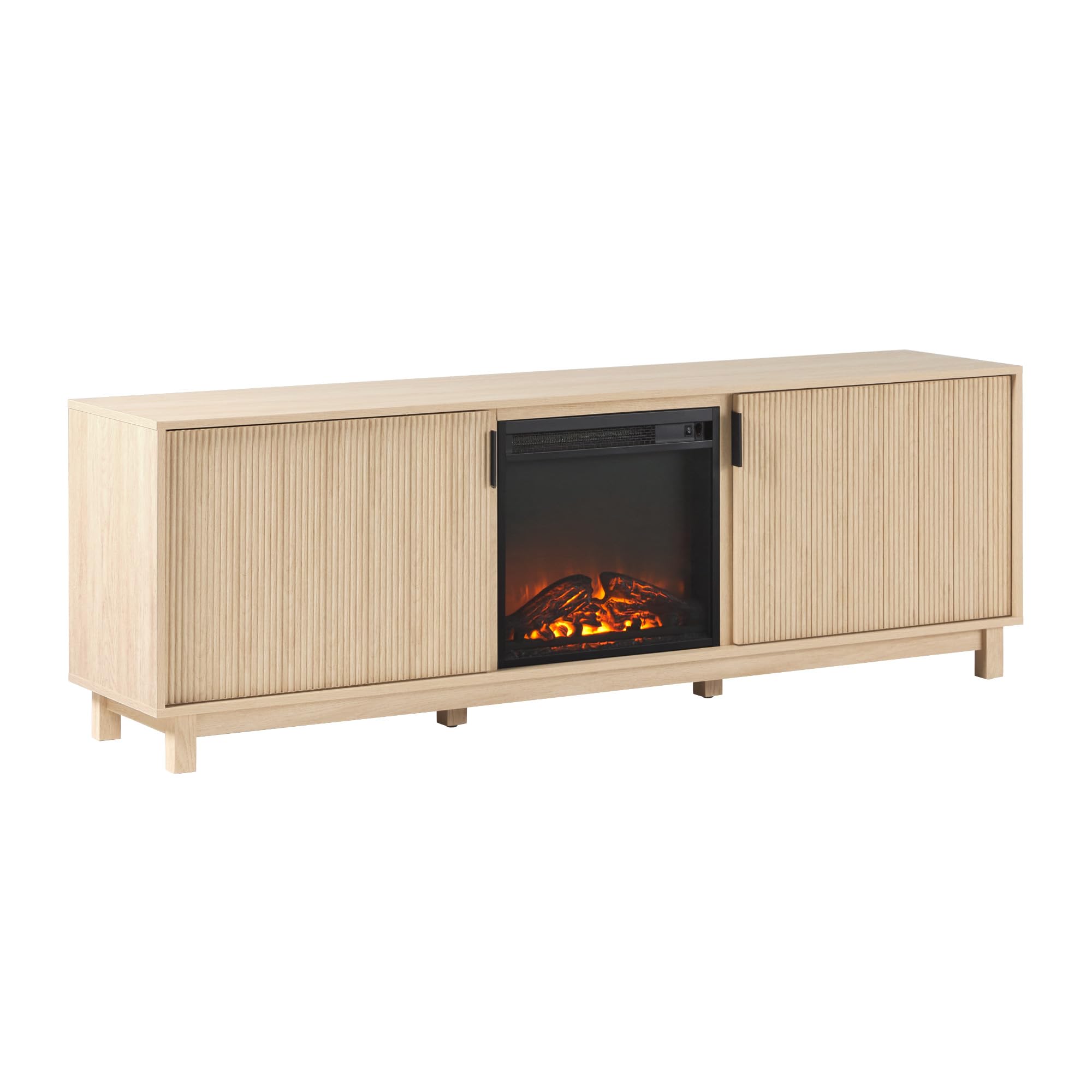 Photo 1 of Walker Edison Arundo Reeded TV Stand with Fireplace & Storage, 70" Fireplace, Coastal Oak