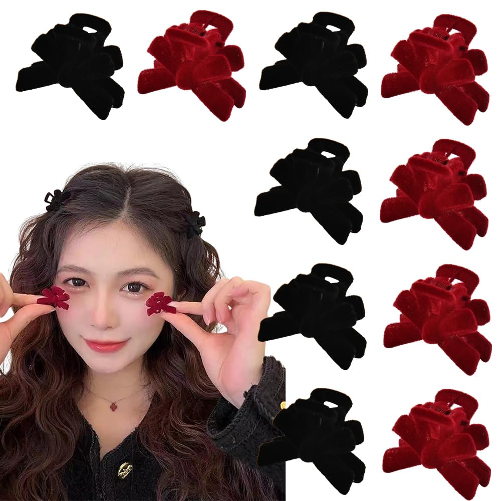 Small Bow Hair Claw Clips for Women Girls Red Bow Barrette Hair Clip for Teen Girls Bowknot Hair Clip Black for Thick Fine Hair Flocking Small Bow Hair Clip for Hair Accessories 2 Colors 10Pcs