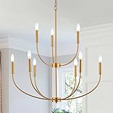 VANZARLA 9-Light Gold Chandelier for Foyer, Modern Farmhouse Dining Room Light Fixture, Industrial Candle Pendant Light for E