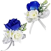VANTOBEST Blue and White Artificial Rose Wrist Corsage Boutonniere Handmade Wedding Flower Accessories with Ribbon for Bride Bridesmaid Prom