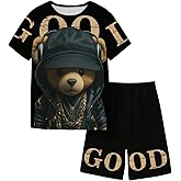 WDIRARA Boy's 2 Piece Set Bear Graphic Short Sleeve Elastic Waist Shorts Outfits