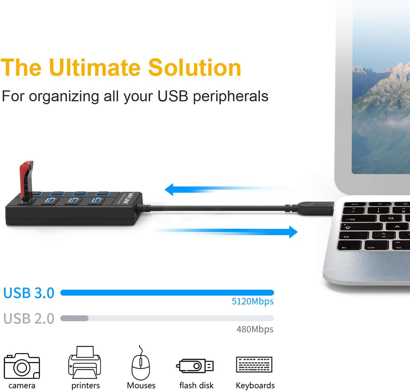 WAVLINK 4 Port USB 3.0 Hub with Individual LED Power Switches, Support SuperSpeed Data Transfer up to 5Gbps for Mac, PC, USB Flash Drives and Other Devices: Computers & Accessories
