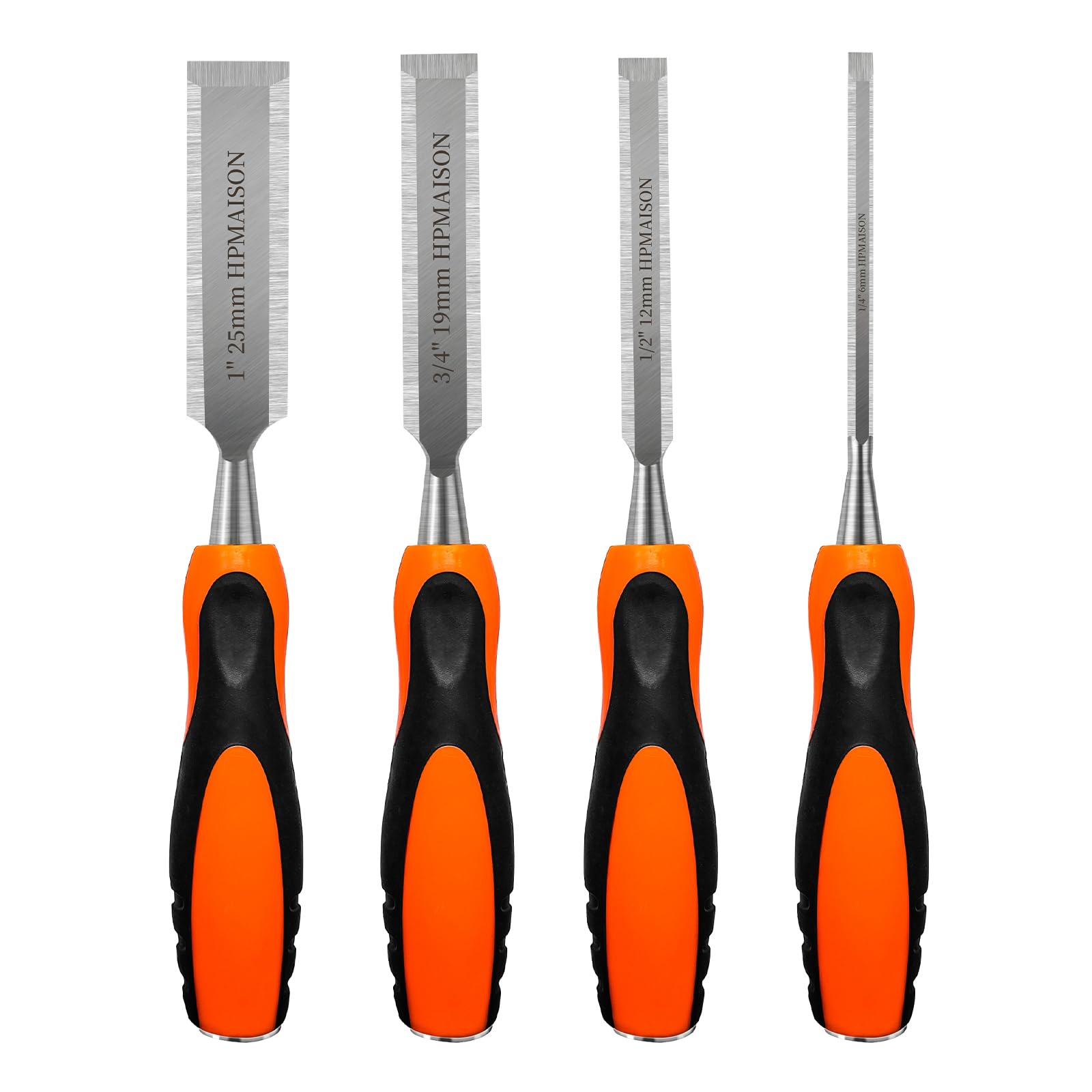HPMAISON 4PCS Wood Chisel Set, Heavy Duty Woodworking Carving Hand Tools with with Soft Ergonomic Grip Handles 6mm, 12mm,19mm, 25mm (1/4", 1/2", 3/4", 1")