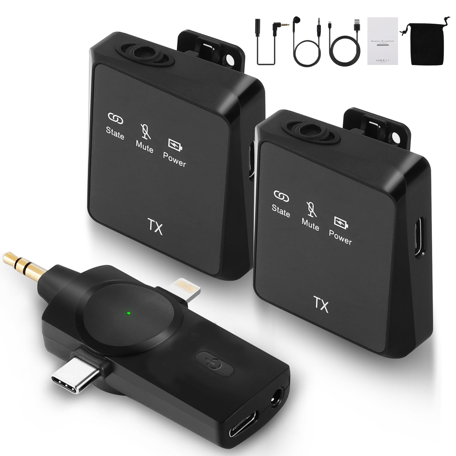 Spolehli Wireless Lavalier Microphone with 3-in-1 Interface Compatible with iPhone/iPad/Camera/Laptop, 2.4G Wireless Lapel Mic with 120M Ultra-long Receiving Distance for Recording/YouTube/Live Stream