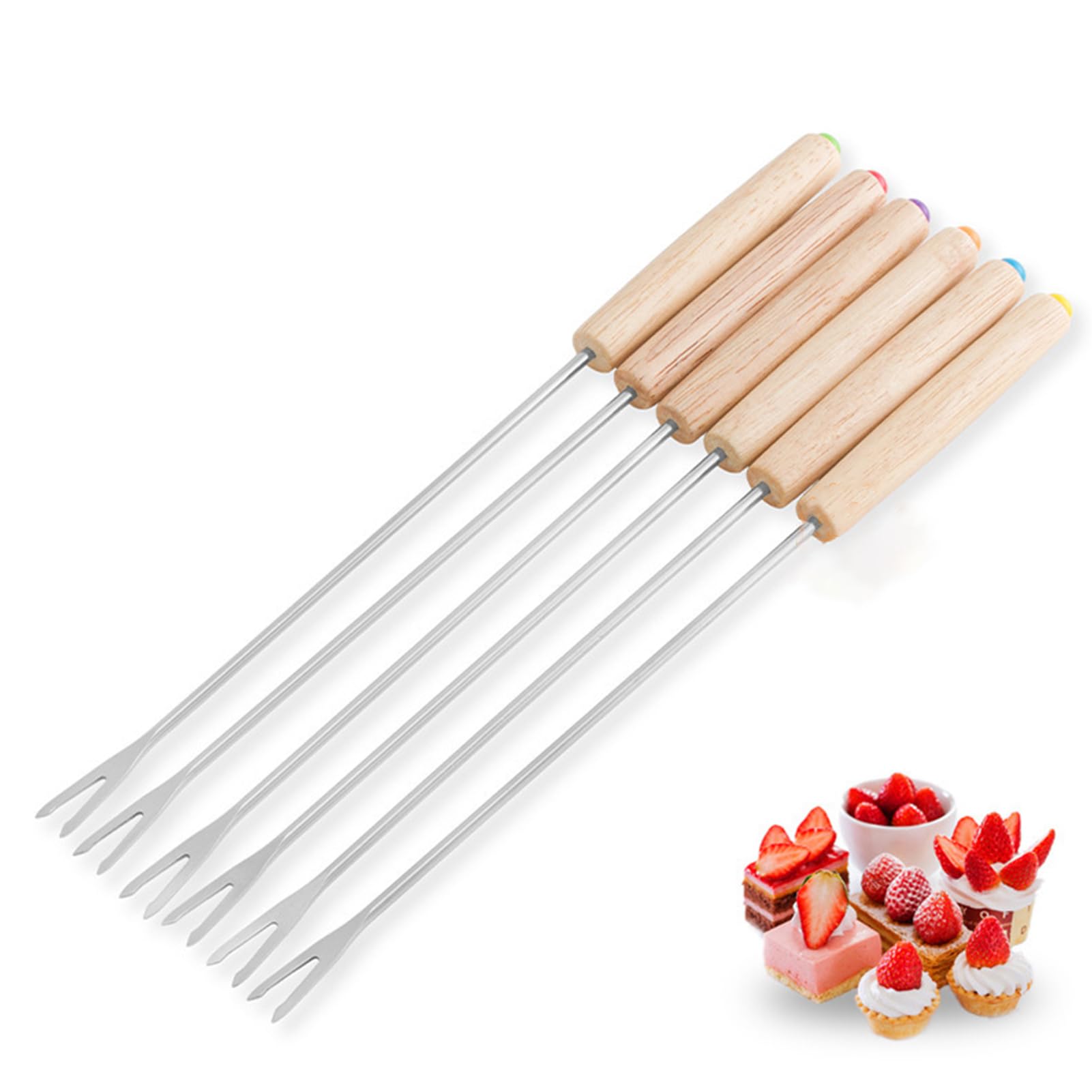 Pack of 6 Stainless Steel Fondue Forks, 24 Cm Skewers, Fondue Fork, Fondue Skewers with Oak Wood Handles, 6 Colors Fondue Forks for Cakes, Chocolate, Fruit, Cheese, Fondue