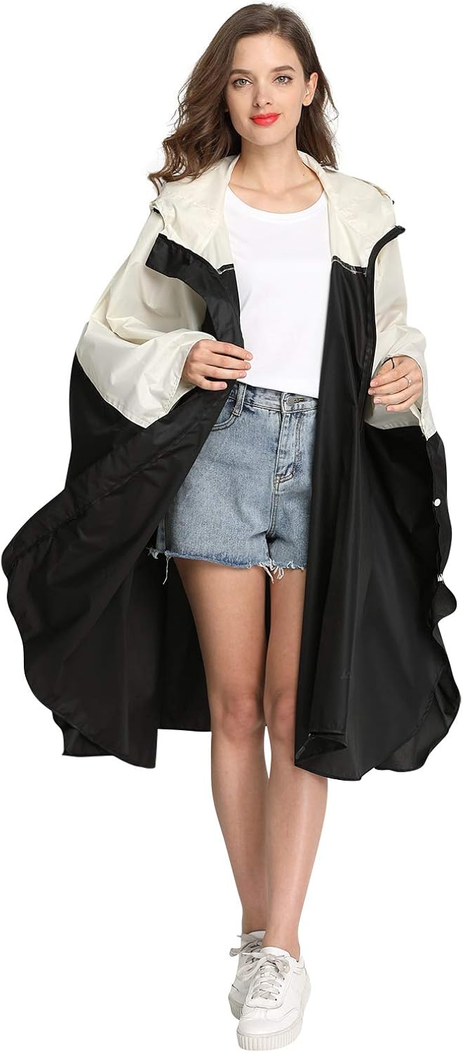 Spmor Rain Poncho Hooded Waterproof Raincoat Jacket for Adults with Zipper Black one Size: Clothing
