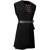 JIEFULL Mens Medieval Costume Viking Pirate Tunic Knight Sleeveless Lace up Shirts Renaissance Warrior Tops without Belt