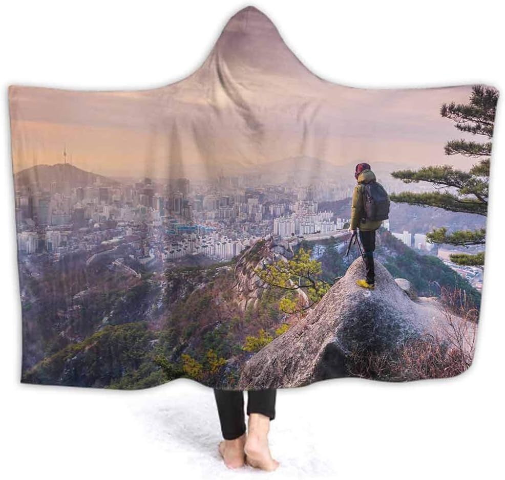 prunushome Hooded Blanket Photographer is Tak A Sun Rises Over in Seoul City South Korea Hooded Blanket for Fleece Wearable Throw Blanket Microfiber Bedding, 50W by 40H Inches