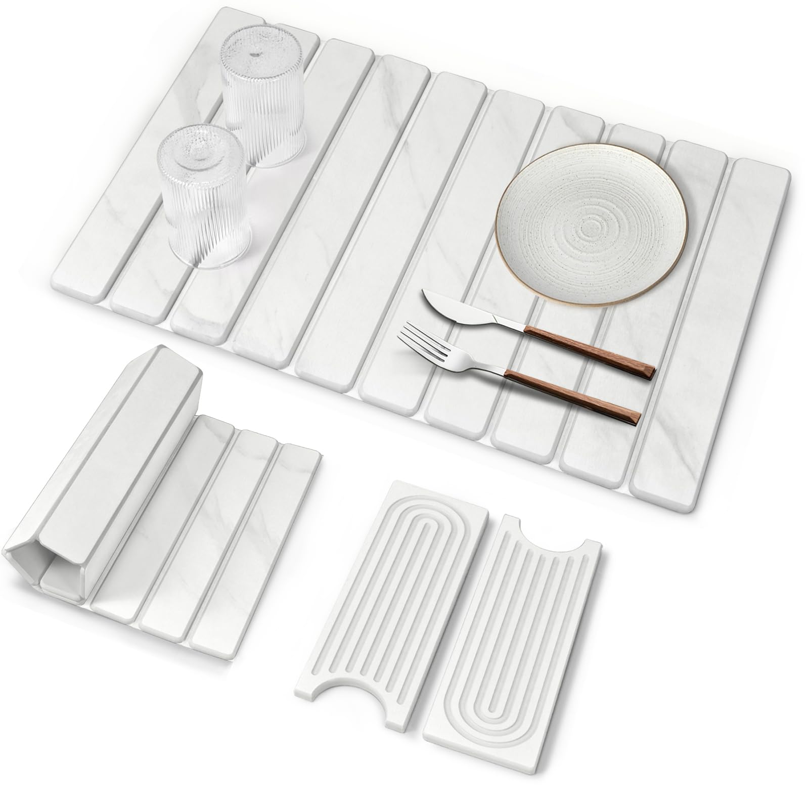 Photo 1 of 3 PCS Large Stone Dish Drying Mat for Kitchen Counter, 24"×16" Marble Absorbent Dish Drying Mat with 24"x 4" Faucet Mat for Kitchen Sink, Earth Mats for Dishes Bottles Cups, Match Any Countertop