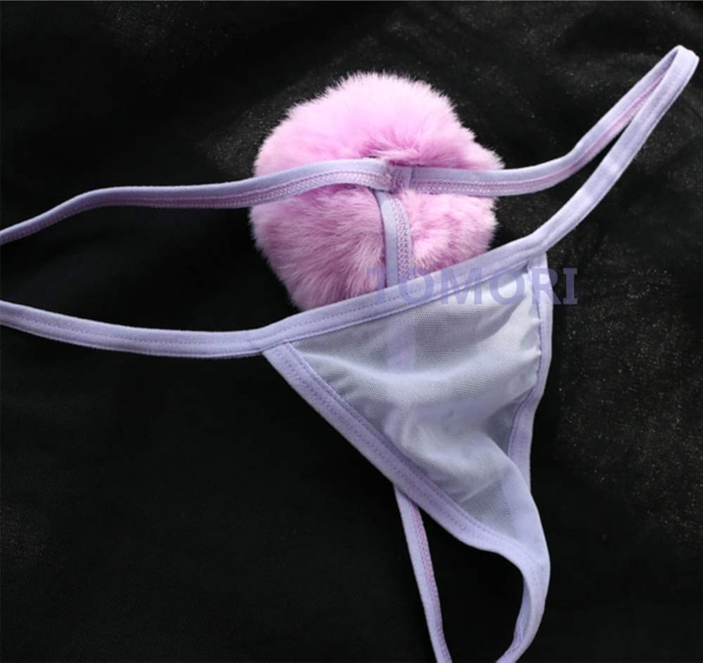 TOMORI Womens Sexy Thong Pantie Cute Rabbit Tail G-String Fur Ball Bikini T-Back Cosplay Underwear, Purple (Mesh), One Size: Clothing