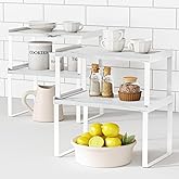 Goozii White Marble Kitchen Counter Shelf Organizer, Modern Dish Plate Organizer for Cabinet Space Saver, Small Wood Stackable 2 Tier Office Desktop Shelf Risers for Books Monitor - Set of 4