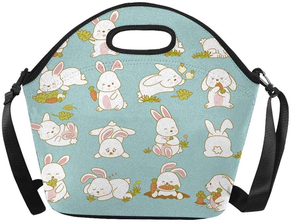 Insulated Neoprene Lunch Bag Cute Animal Rabbit Lunch Box Tote Bag with Shoulder Strap