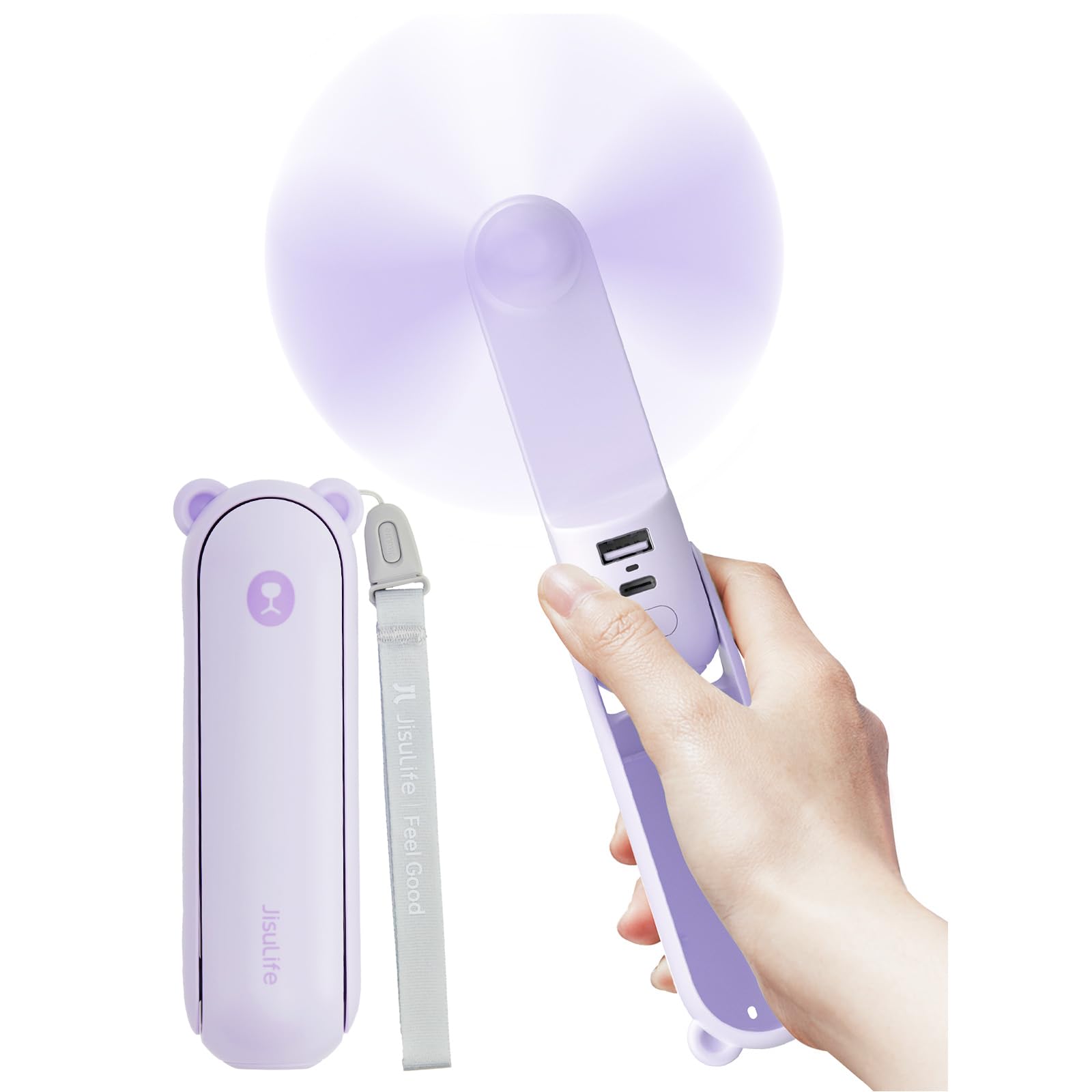 Photo 1 of JISULIFE Handheld Fan with 4500 mAh Powerbank Max 37 Hours Runtime, Pocket Portable Battery Operated or USB Powered Folding Personal Fan, 3 Speeds, Gifts for Women Men Kids Gift for Festival-Purple