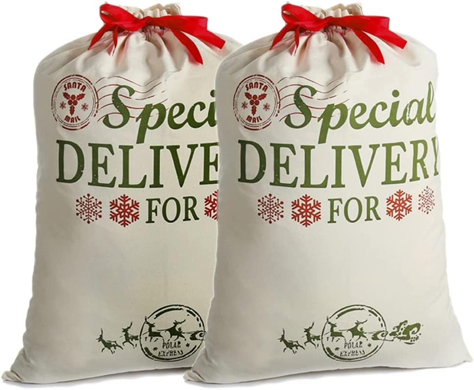 2 Pack Santa Sacks Extra Large Christmas Canvas Bags 39.4" X 27.6" with Red Drawstring for Xmas Stockings Stuffers Presents Holder & Party Decorations for Kids (39.4" X 27.6")