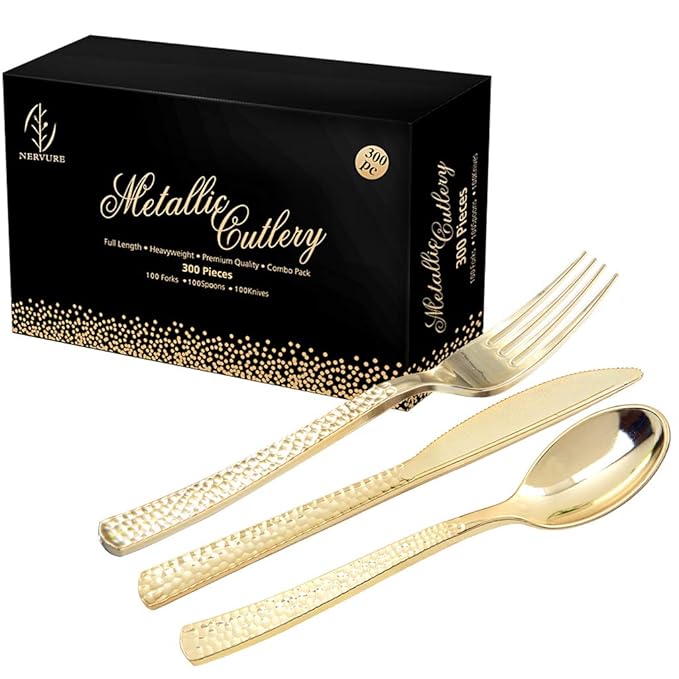 NERVURE 300 Piece Gold Hammered Plastic Silverware Set, Heavyweight
