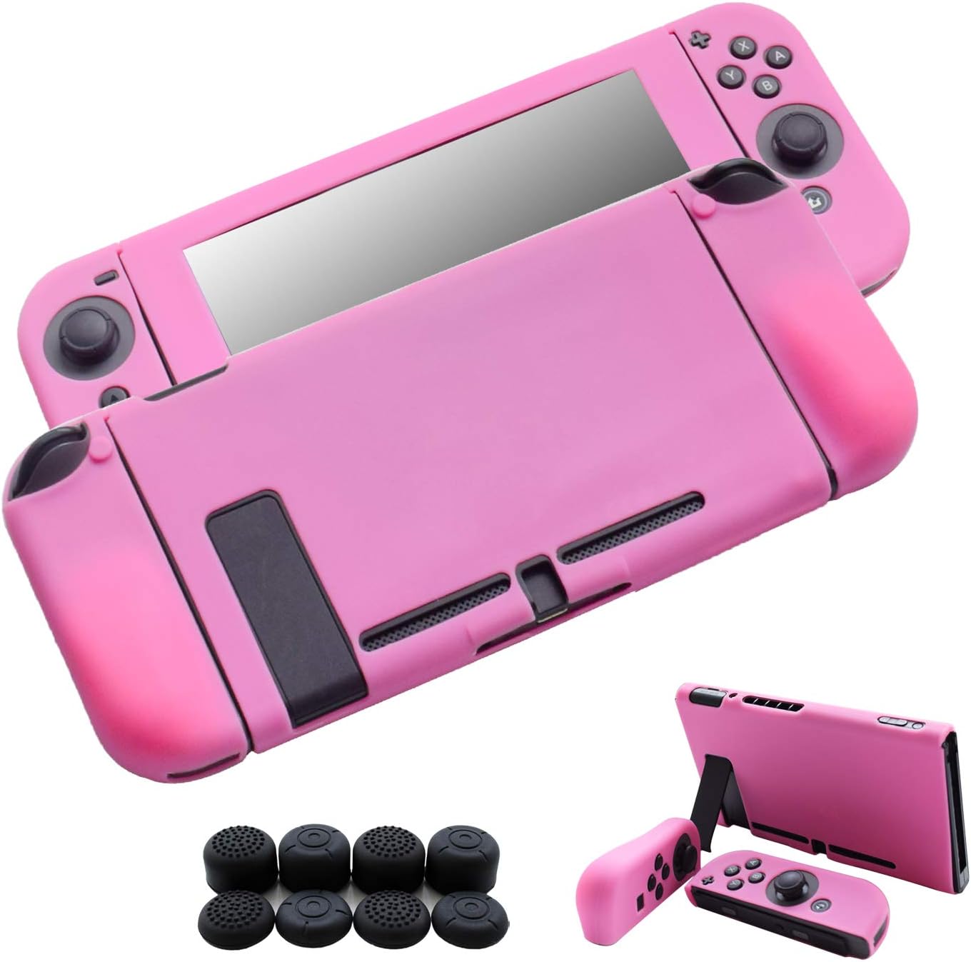 Hikfly Skin Compatible for Nintendo Switch 3pcs Silicone Cover Switch Grips Protector Gel Non-Slip Case Kits for Nintendo Switch 6.2" Screen(2017) Consoles and Joy-Con Controllers with 8pcs Thumb Grips Caps(Pink)