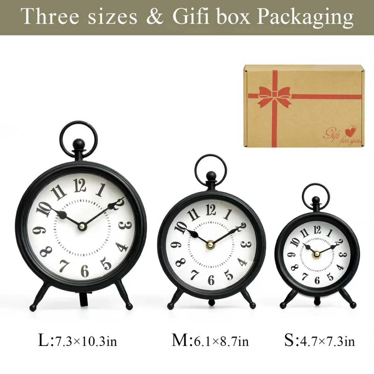 Vintage Black Table Clock on Stand, Decorative Desk and Shelf Clock, Rustic Mantel Clock Farmhouse Clock Non-Ticking