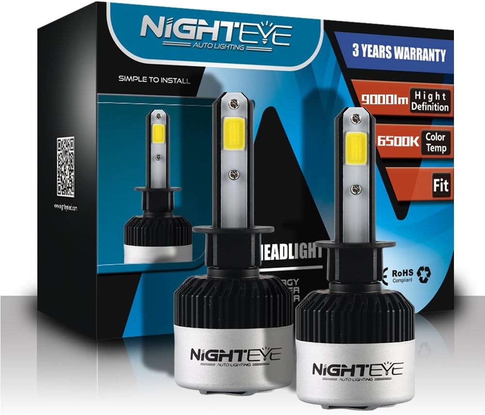 NIGHTEYE Automotive LED Headlight Bulbs - H1 72w 9000LM/Set 6500K Cool White - 3 Yr Manufacture Warranty