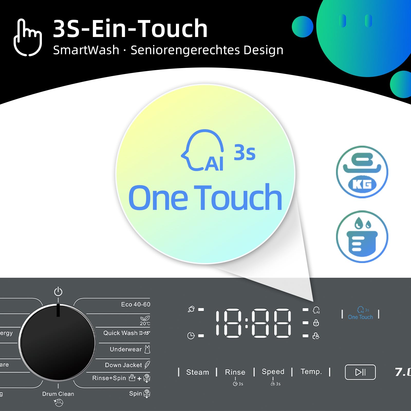 CHiQ Waschmaschine 7kg, InverterMotor, EEK A| 60x46,5x84cm, Große Tür| Eco, Speed Wash, Auto Clean, Kindersicherung|1200 U/Min, Washer Grau, CW07123863AX 7