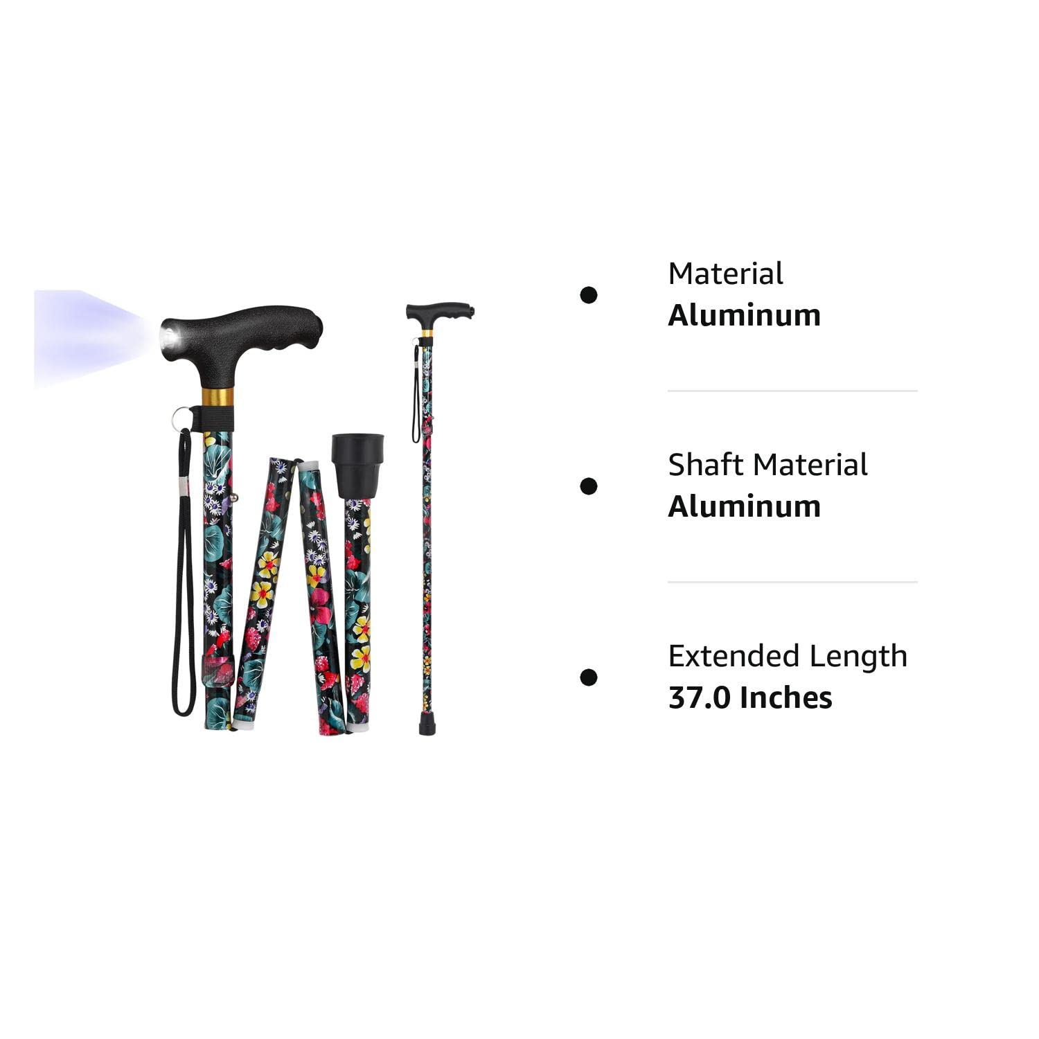 JUNRA Walking Cane with LED Light, Folding Cane for Women and Men, Portable Foldable Cane, Collapsible Aluminium Walking Stick, Lightweight and Adjustable Walking Sticks for Seniors Balance