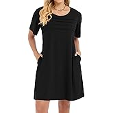 elescat Sundress for Women Casual Loose Summer Short Sleeve Pleated Front Crew Neck T Shirt Dress with Pockets