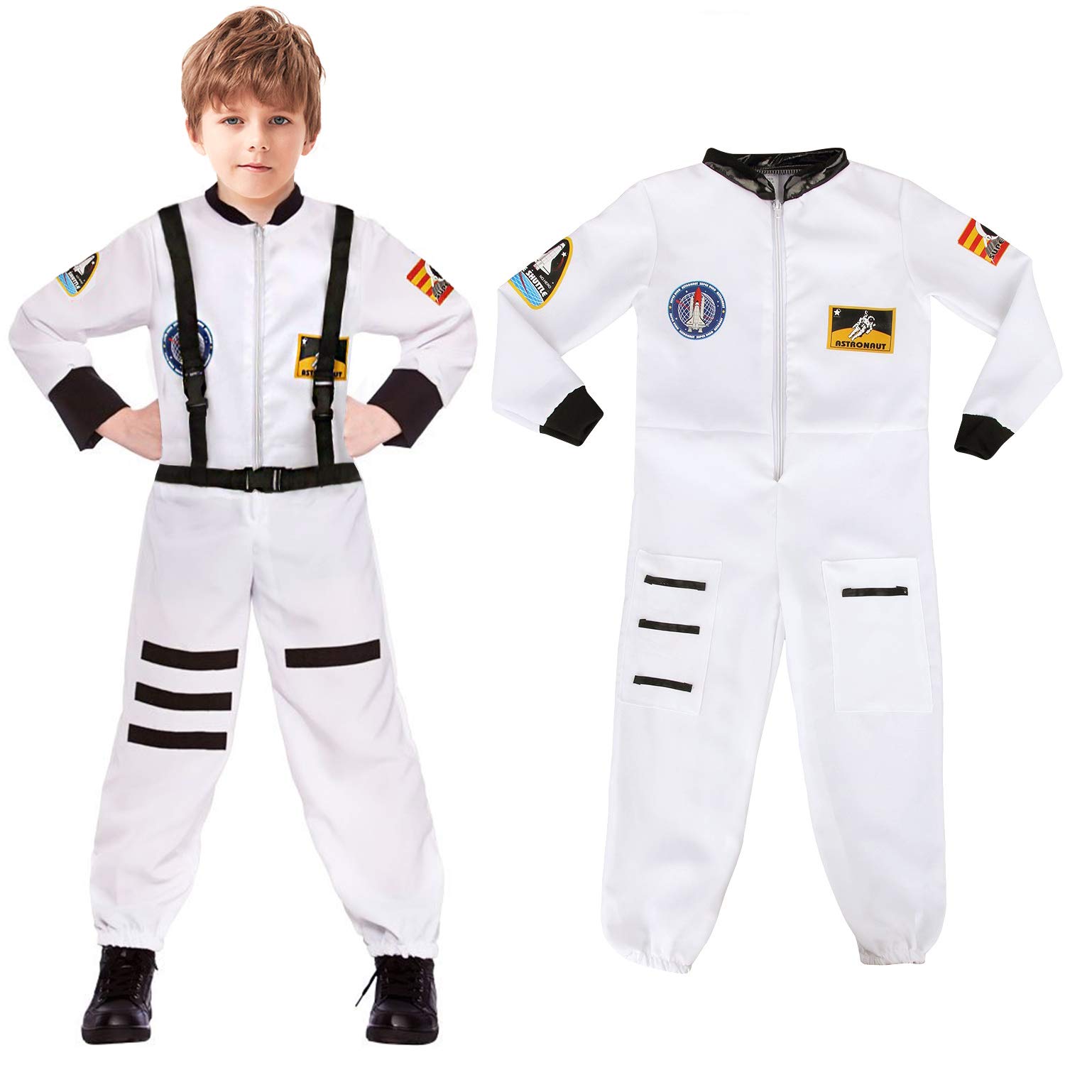 Discoball Kids Spaceman Costume - Child Astronaut Spacesuit Jumpsuit, Fancy Dress Outfit for Halloween, White Uniform (Label Size: L, 7-8 Years) — image 1