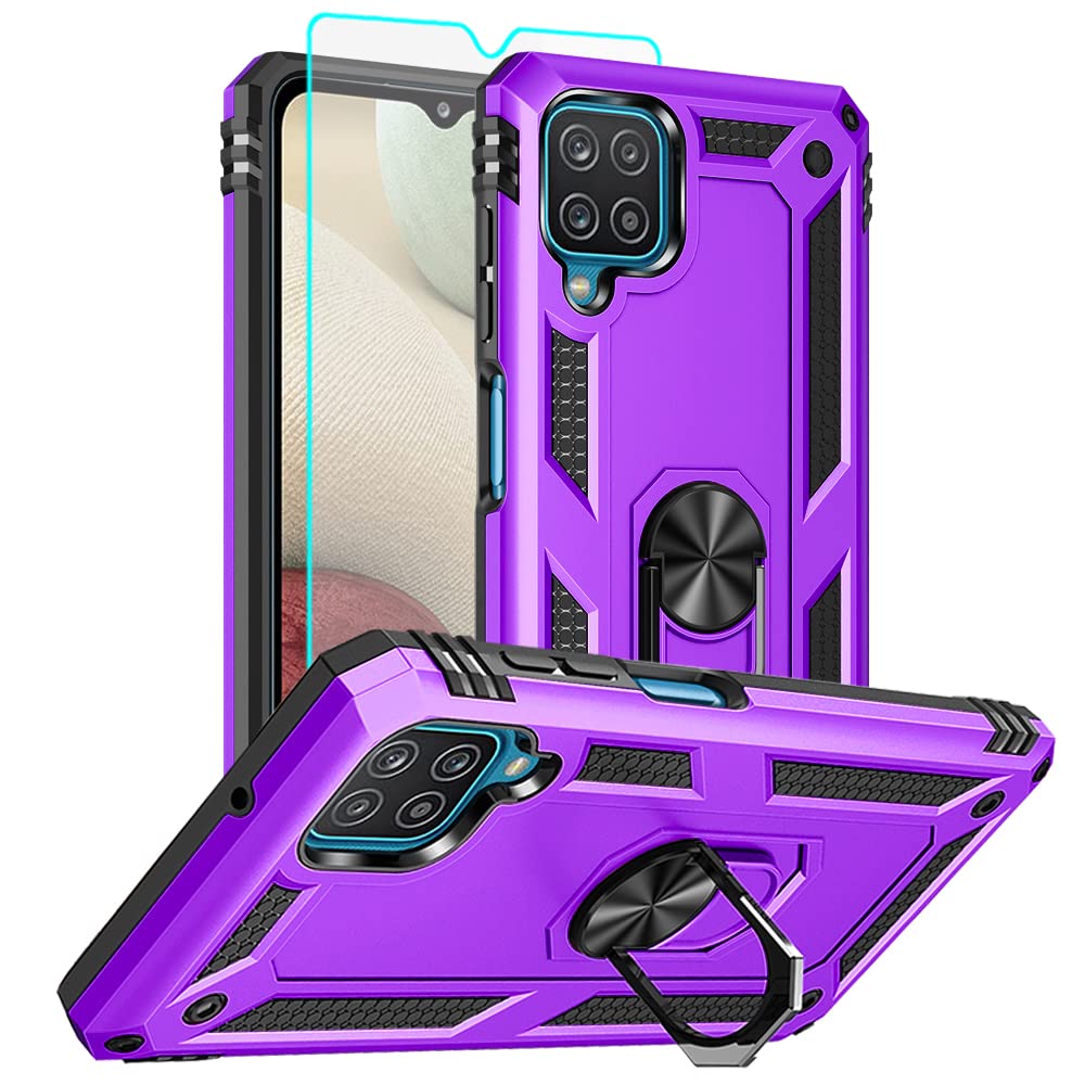 for Samsung Galaxy A12 Phone Case, Samsung A12 Case with HD Screen Protector, [Military Grade 16ft. Drop Tested] Ring Shockproof Protective Phone Case for Samsung Galaxy A12,Purple