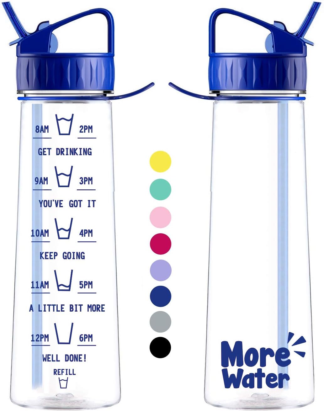 More Water Bottle With Straw - 8 Colour Drinking Bottles - Motivational Times to Drink - 900ml BPA Free Plastic - All Sports