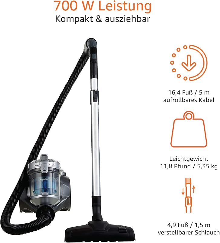Zylinder-Staubsauger, leistungsstark, kompakt und leicht, ohne Beutel, für Hart- und Teppichböden, HEPA-Filter, 700 W, 1,5 l, EU, Schwarz/Blau — Foto 6 von 8