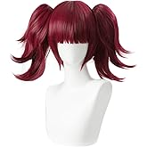LABEAUTÉ Short Curly Red Pigtails Wig with Bangs for Women Girls Cosplay Wig for Halloween + Free Cap