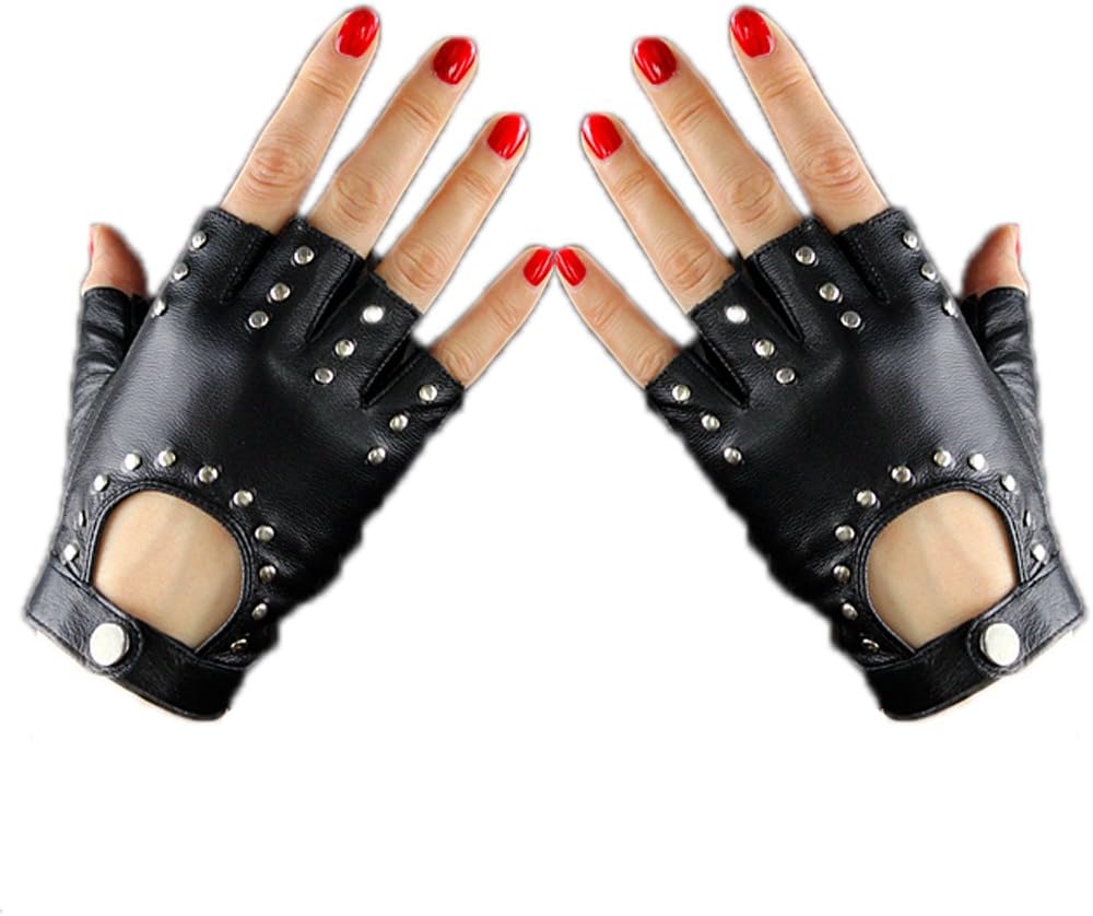 Real Leather Fingerless Short Gloves Black Rock Rivets Stud Lambskin Half Finger
