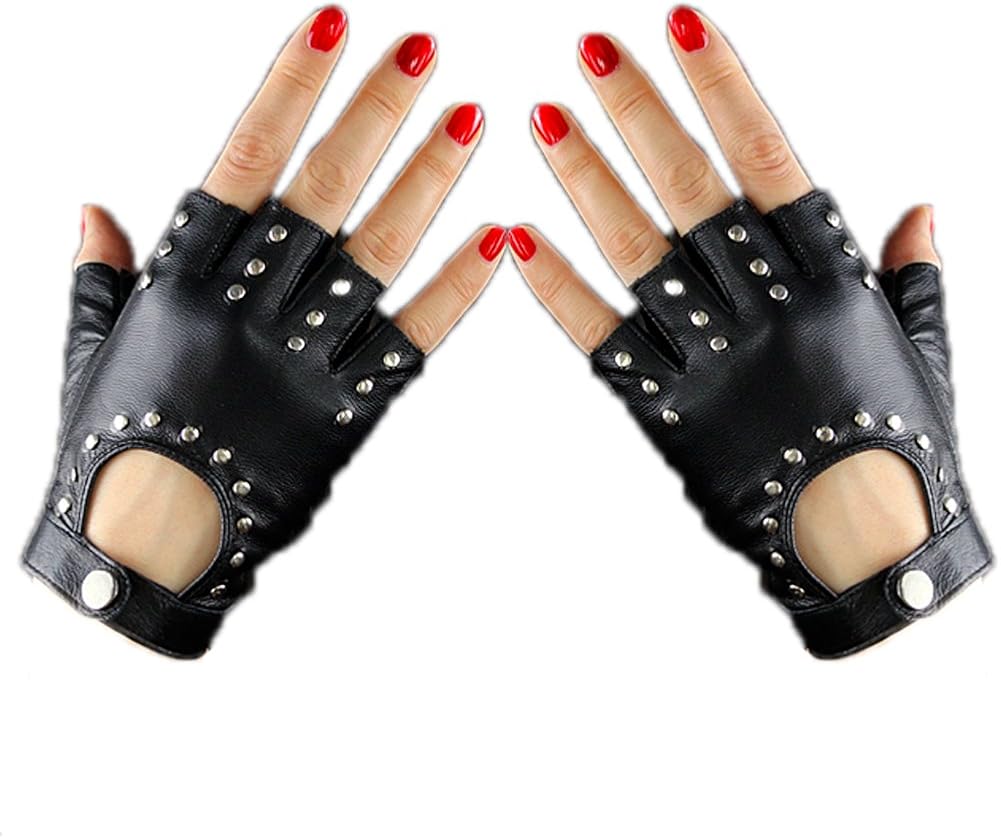Real Leather Fingerless Short Gloves Black Rock Rivets Stud Lambskin Half Finger at Amazon Women