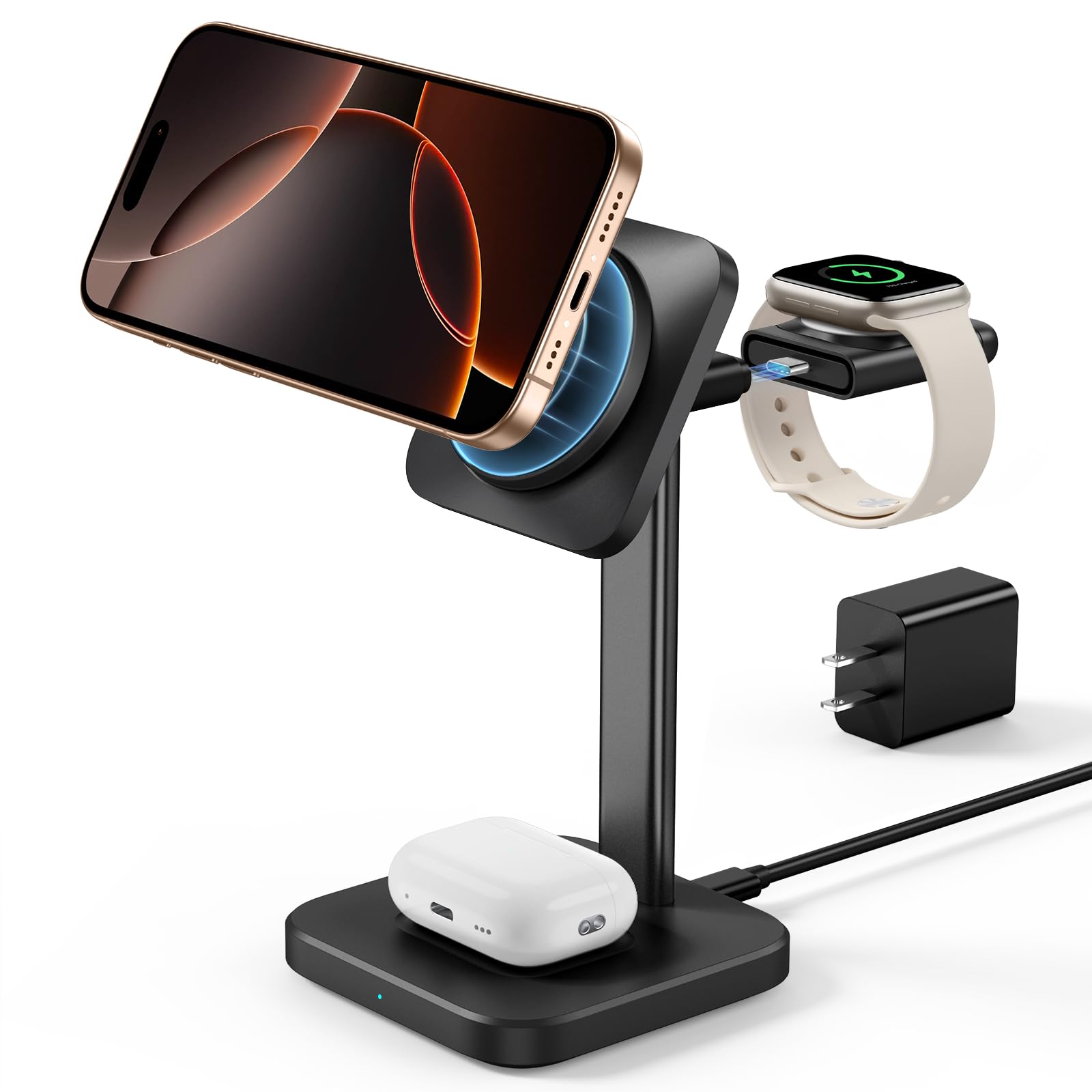 Photo 1 of ESR 3 in 1 Wireless Charging Station for Apple[Certified] Portable Apple Watch Charger & MagSafe Charger Stand, Wireless Charger for Multiple Devices iPhone 16/15/14/13/12&Watch&AirPods, Black