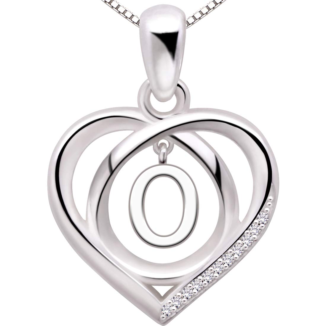 ALOV Jewelry Sterling Silver Initial O Letter Alphabet Love Heart Cubic Zirconia Pendant Necklace