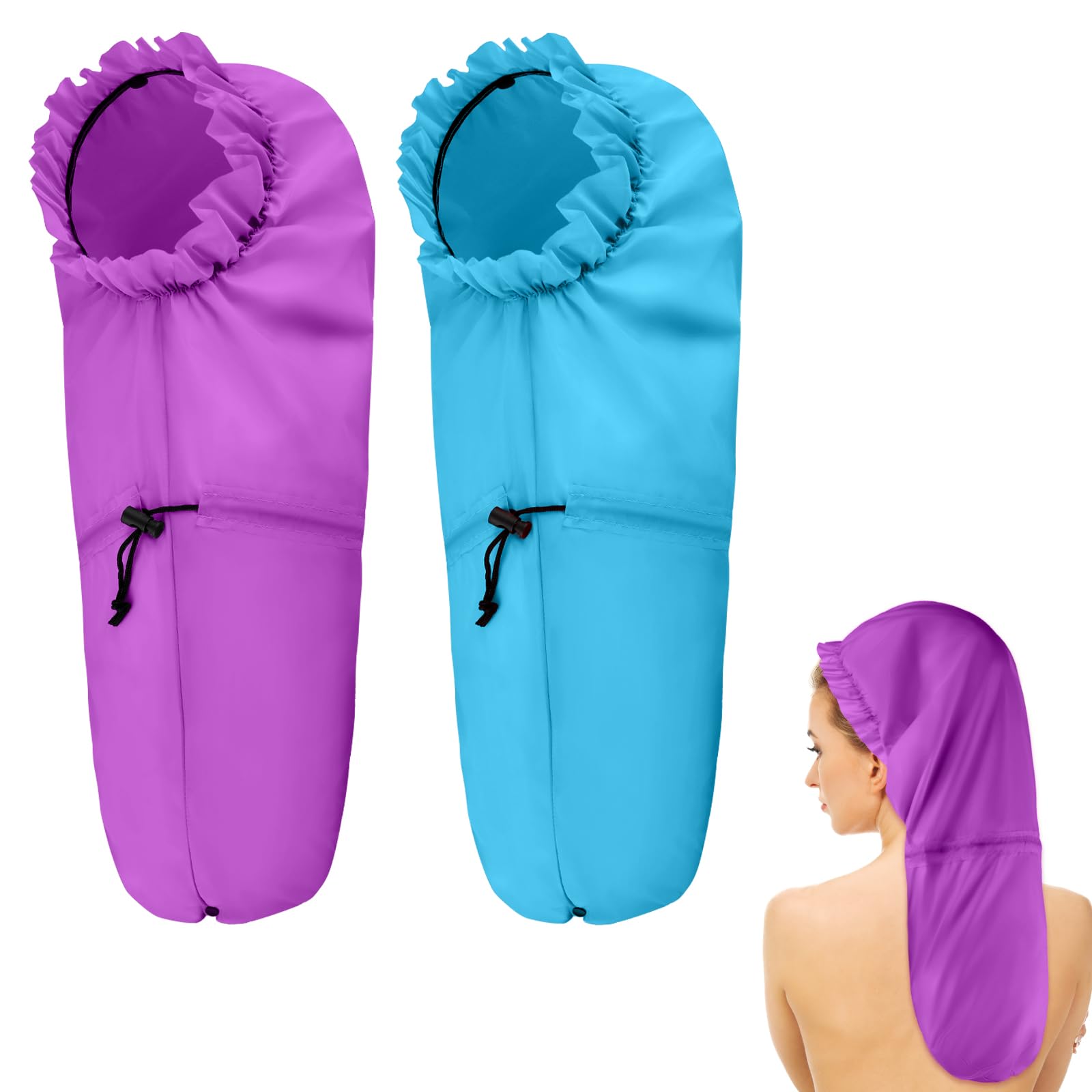2 Pcs Large Shower Cap for Braids, Extra Long Shower Cap for Women Long Hair & Locs, Waterproof Hair Bonnets for Dreadlocks Drawstring Bath Caps for Women & Men (Blue, Purple)