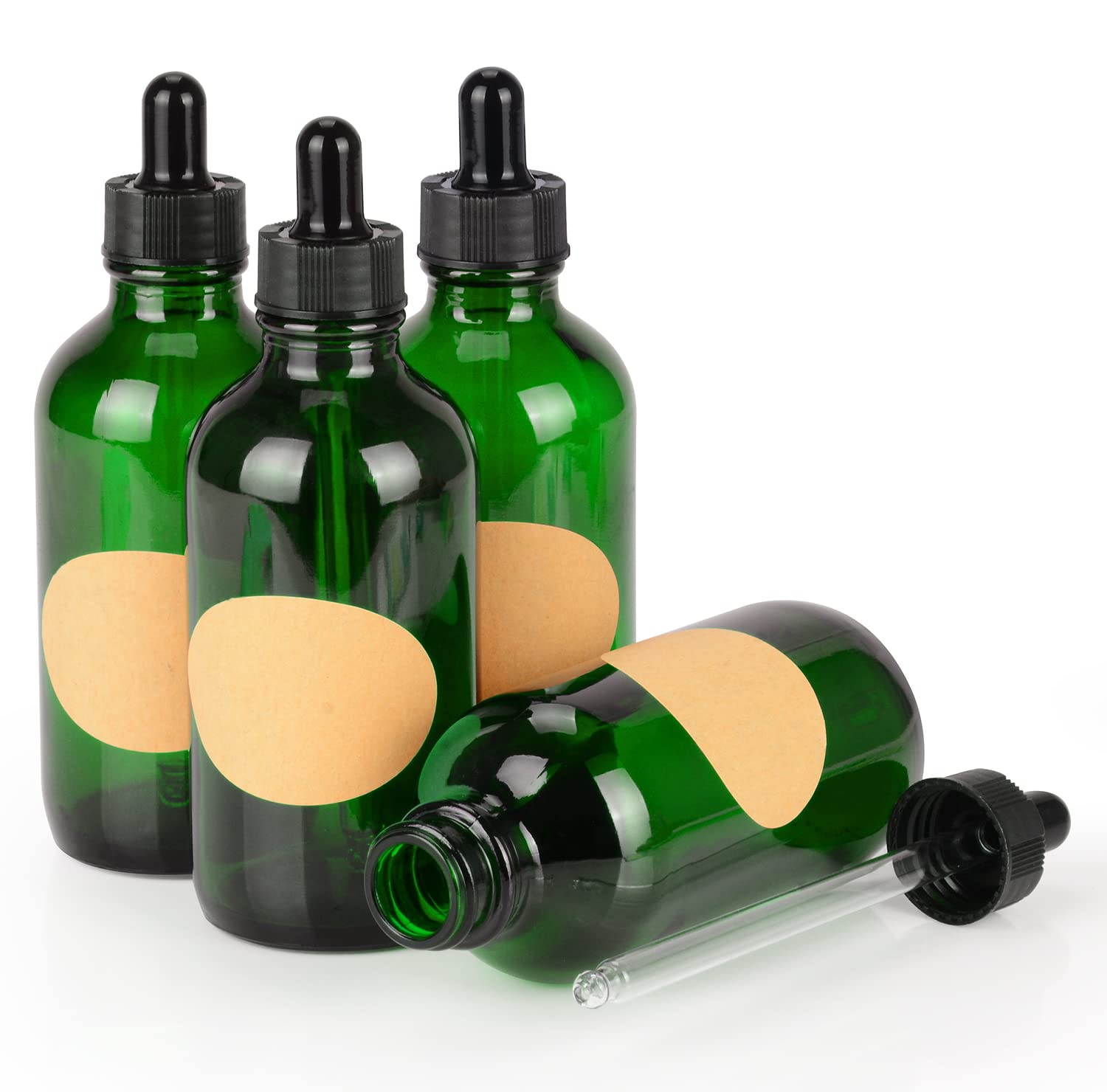 stonylab 4-Pack Glass Dropper Bottle, Empty Bottle with Glass Dropper, Inner Plug and Label for Laboratory Solutions (120 ml, Green)
